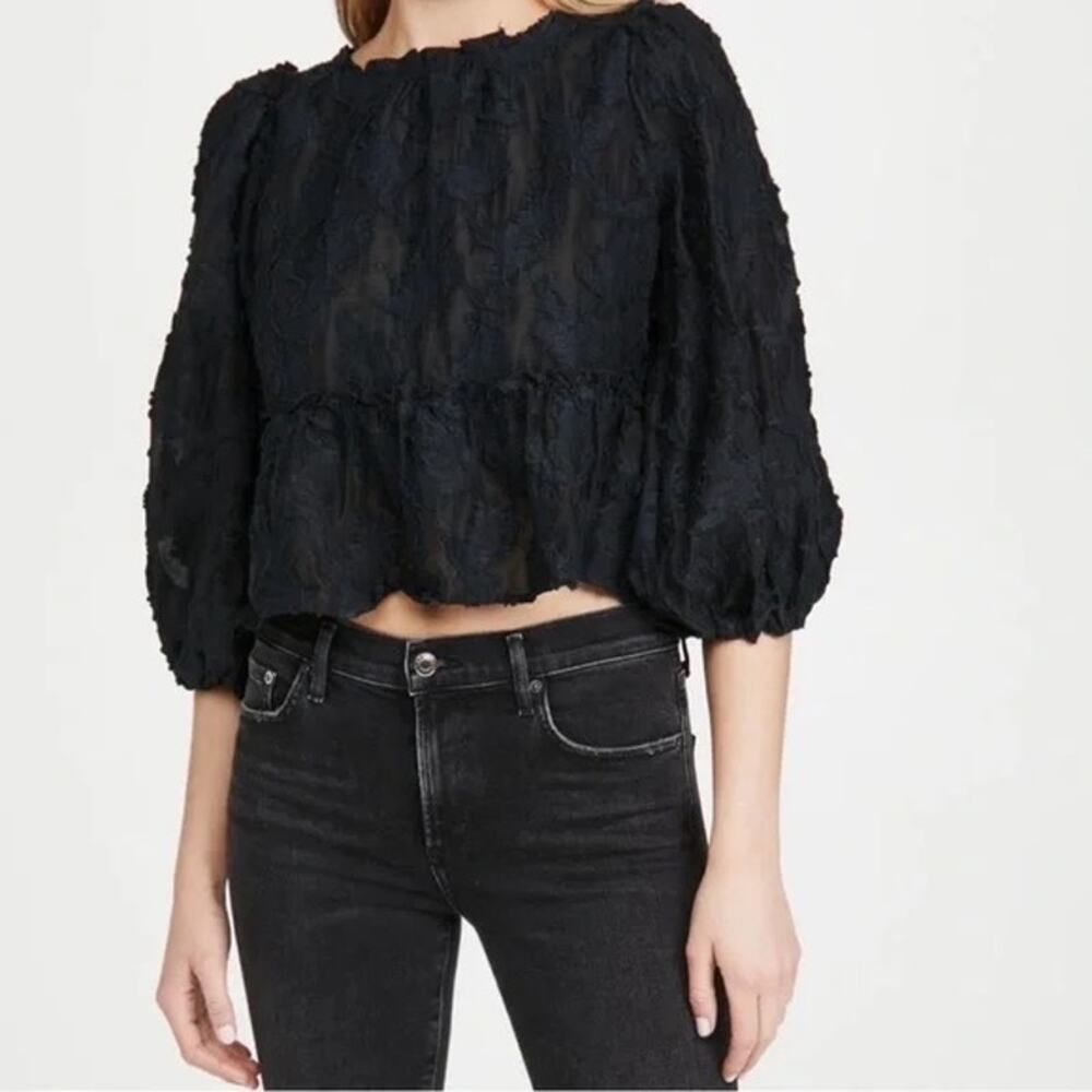 Free People Black Textured Sheer Flowy Blouse Open-Back Women's size Large
